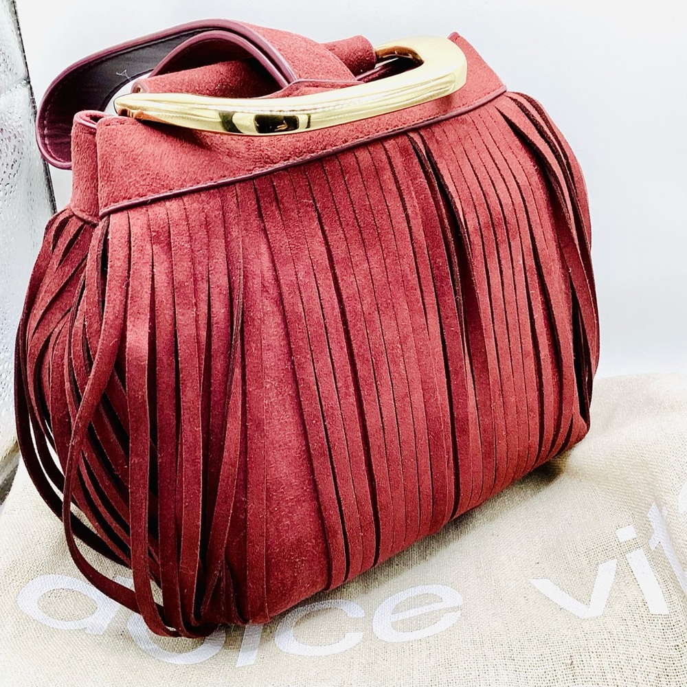 Dolce Vita Red Suede Leather Fringe Clutch with Gold handle and buttons